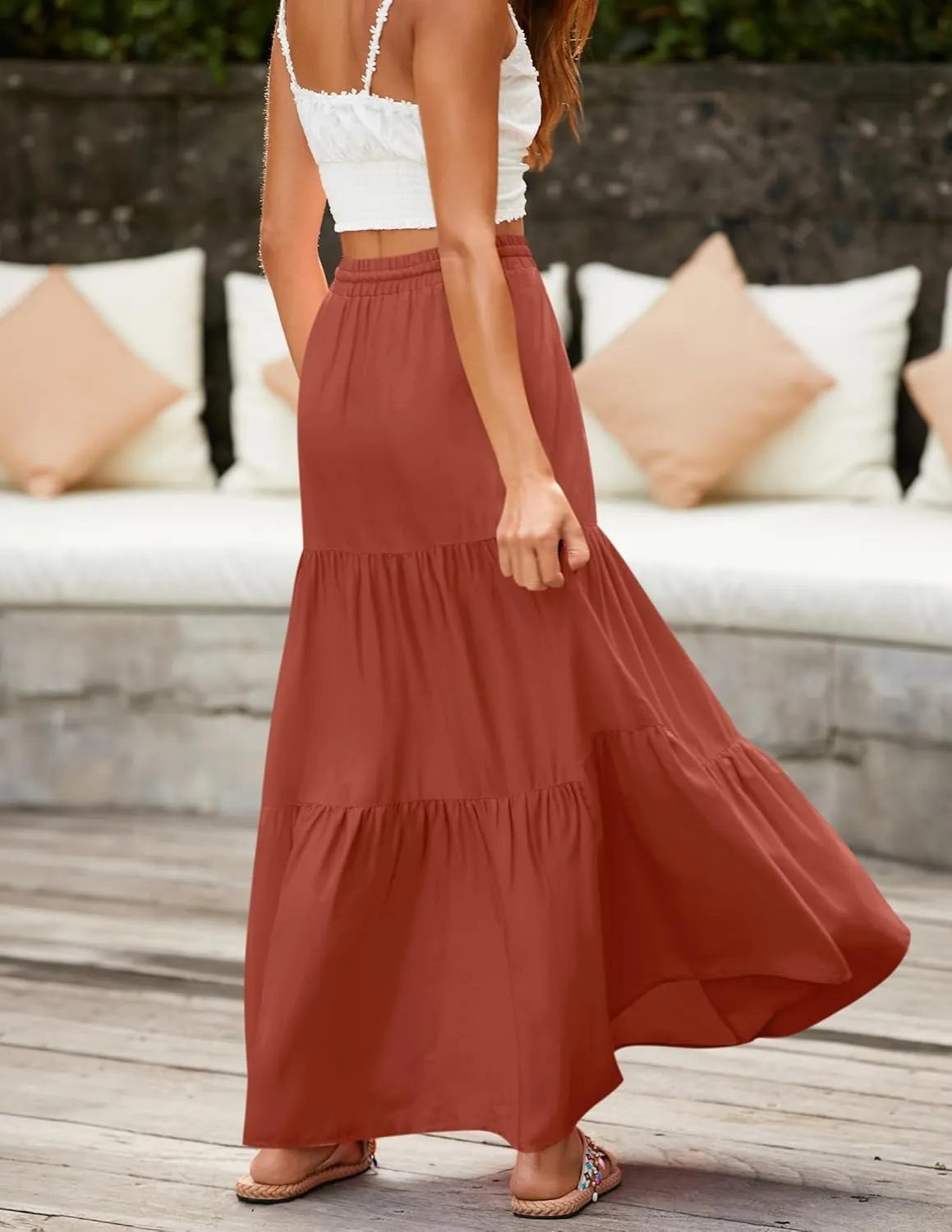 HAEOF Women's Summer Boho Maxi Skirt A-Line Flowy Ruffle Tiered Elastic High Waist Beach Long Skirts with Pockets