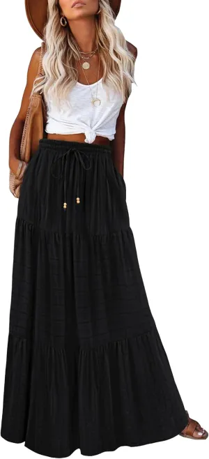 HAEOF Women's Summer Boho Maxi Skirt A-Line Flowy Ruffle Tiered Elastic High Waist Beach Long Skirts with Pockets