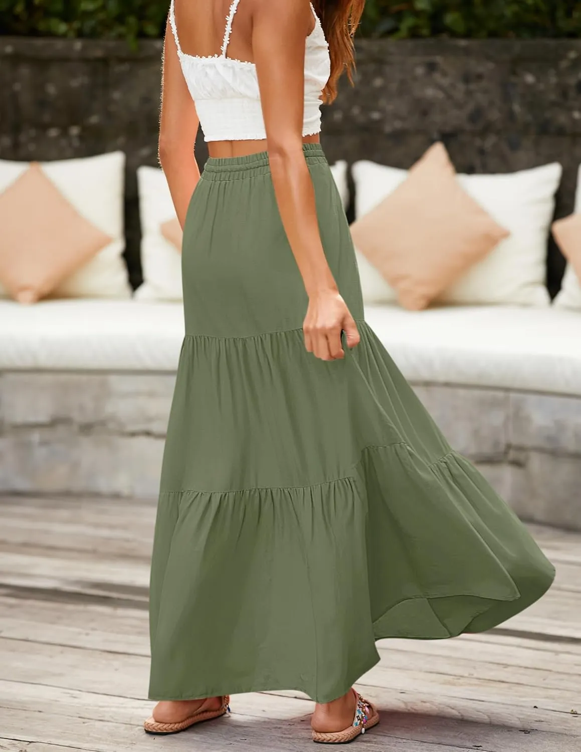 HAEOF Women's Summer Boho Maxi Skirt A-Line Flowy Ruffle Tiered Elastic High Waist Beach Long Skirts with Pockets
