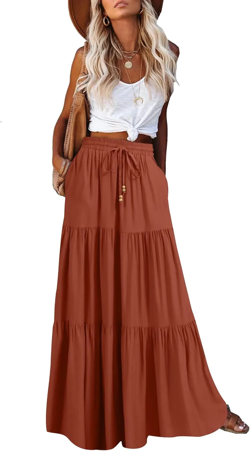 HAEOF Women's Summer Boho Maxi Skirt A-Line Flowy Ruffle Tiered Elastic High Waist Beach Long Skirts with Pockets