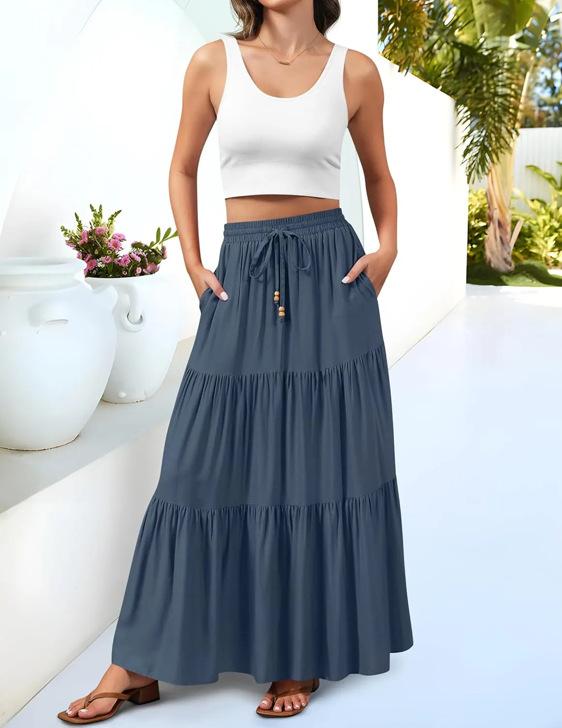 HAEOF Women's Summer Boho Maxi Skirt A-Line Flowy Ruffle Tiered Elastic High Waist Beach Long Skirts with Pockets