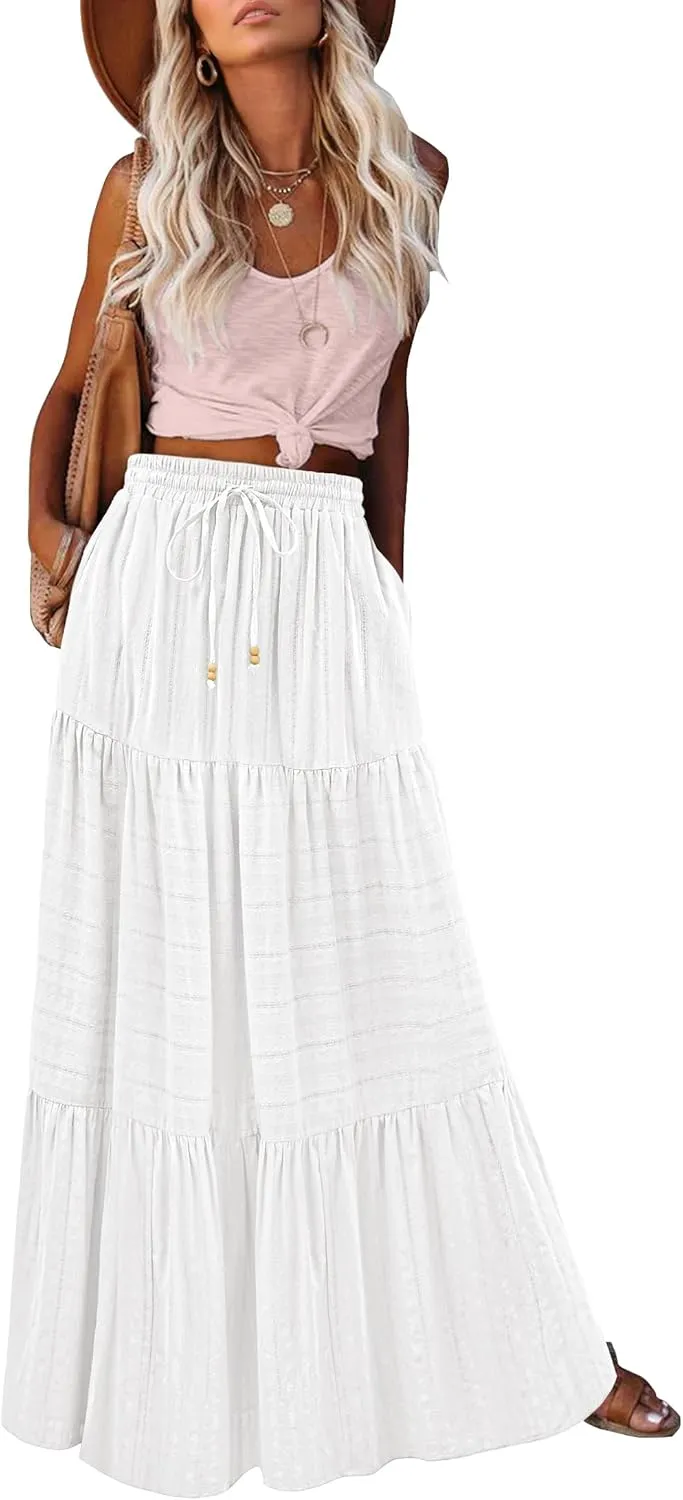 HAEOF Women's Summer Boho Maxi Skirt A-Line Flowy Ruffle Tiered Elastic High Waist Beach Long Skirts with Pockets