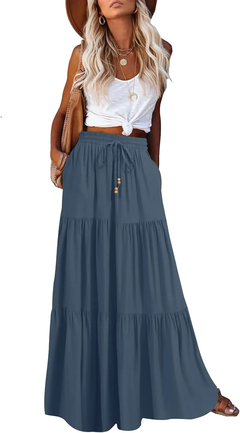 HAEOF Women's Summer Boho Maxi Skirt A-Line Flowy Ruffle Tiered Elastic High Waist Beach Long Skirts with Pockets