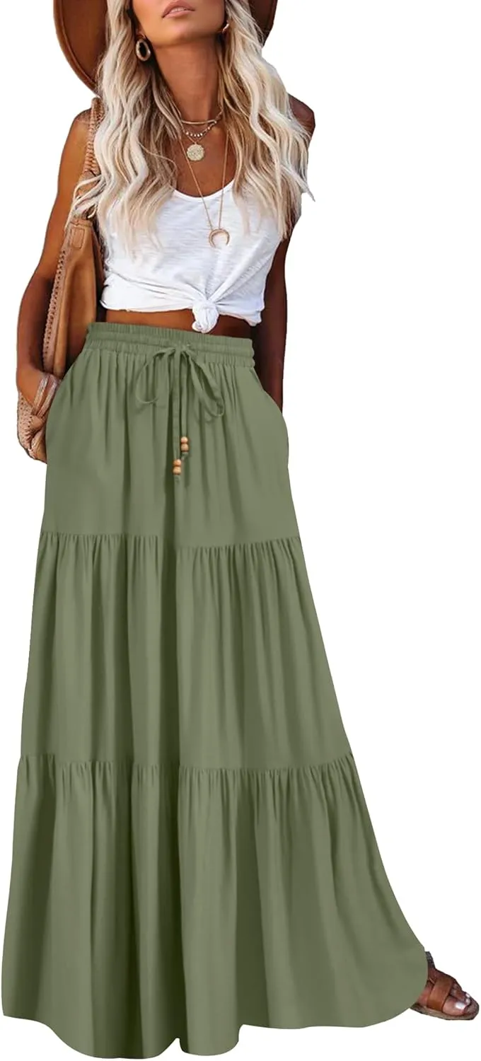 HAEOF Women's Summer Boho Maxi Skirt A-Line Flowy Ruffle Tiered Elastic High Waist Beach Long Skirts with Pockets