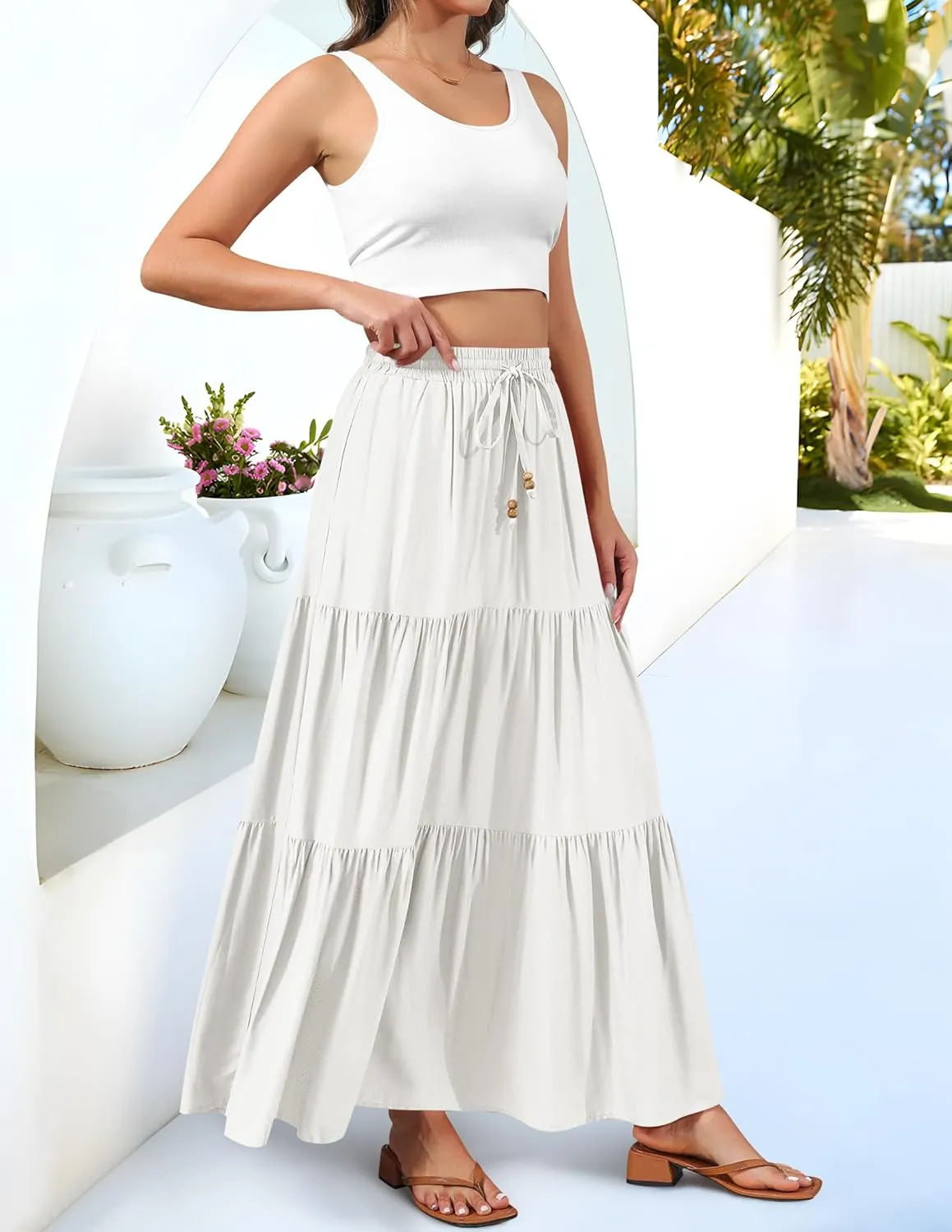 HAEOF Women's Summer Boho Maxi Skirt A-Line Flowy Ruffle Tiered Elastic High Waist Beach Long Skirts with Pockets