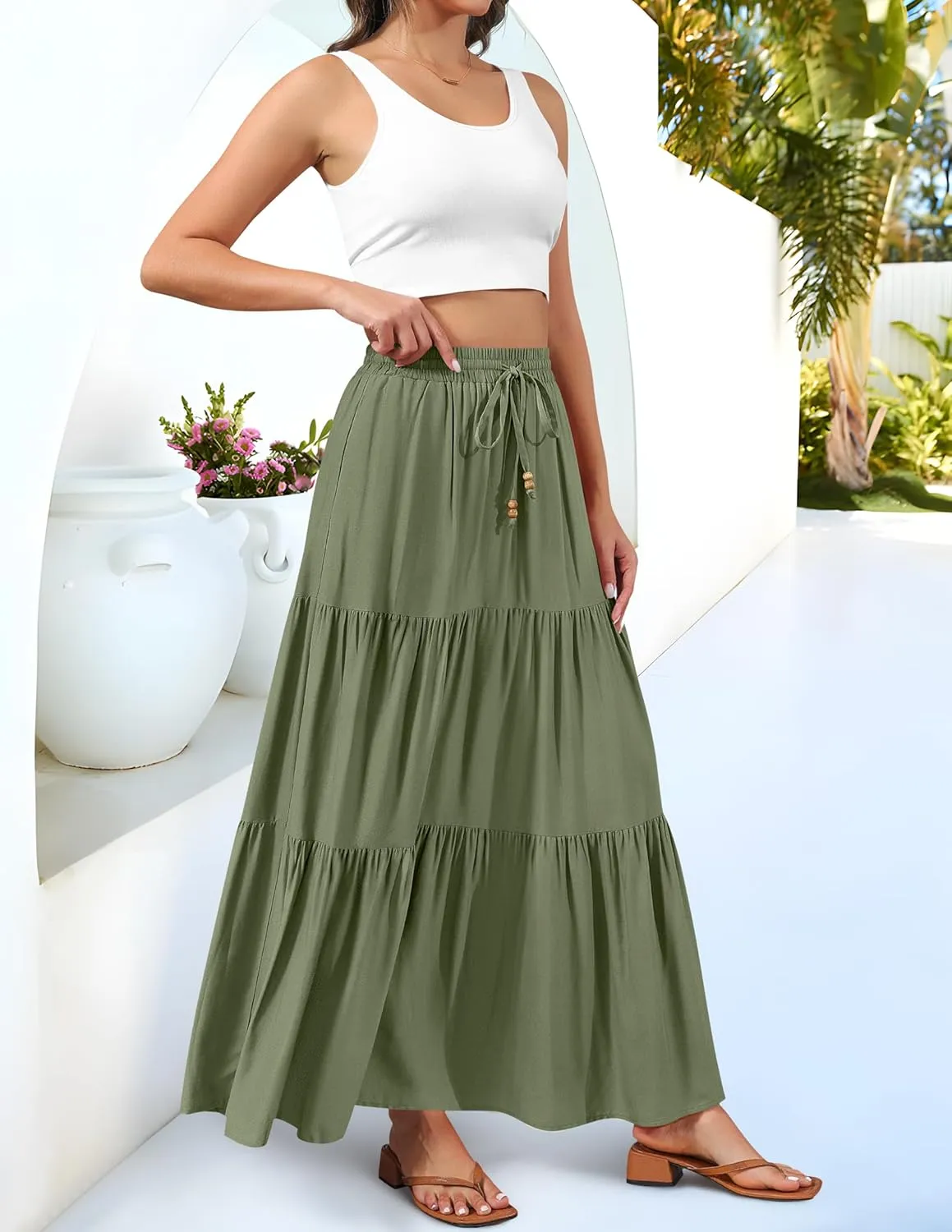 HAEOF Women's Summer Boho Maxi Skirt A-Line Flowy Ruffle Tiered Elastic High Waist Beach Long Skirts with Pockets