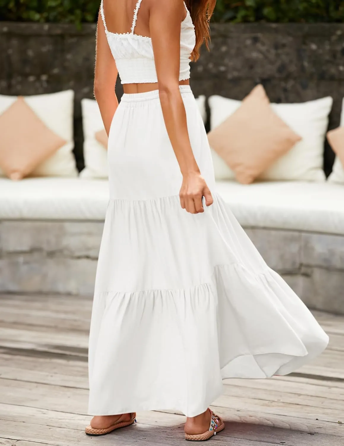 HAEOF Women's Summer Boho Maxi Skirt A-Line Flowy Ruffle Tiered Elastic High Waist Beach Long Skirts with Pockets