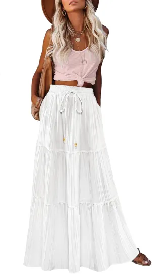 HAEOF Women's Summer Boho Maxi Skirt A-Line Flowy Ruffle Tiered Elastic High Waist Beach Long Skirts with Pockets