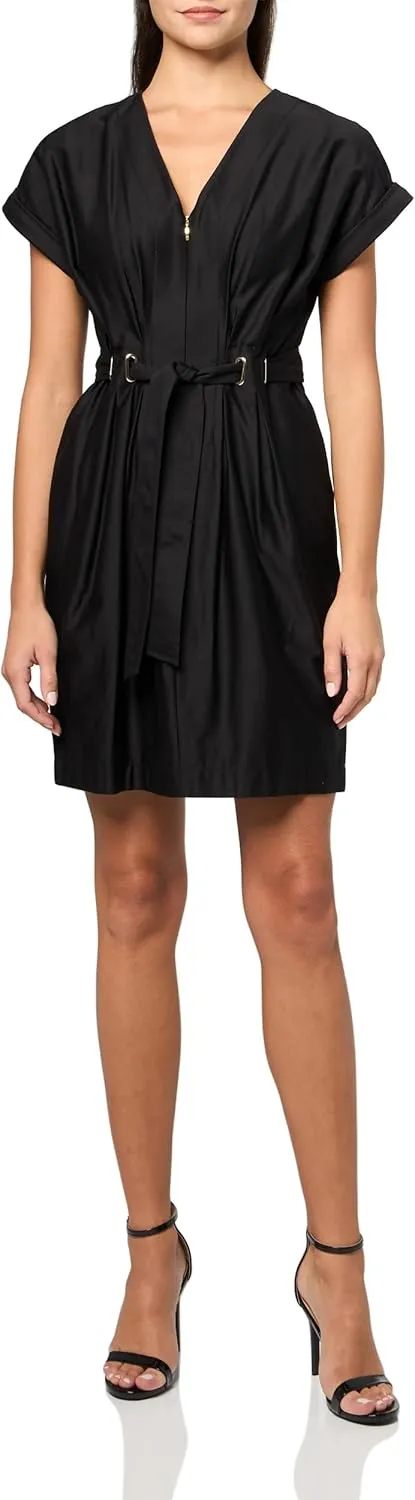 Halston Women's Structured Short Sleeve V-Neck Cotton Dress