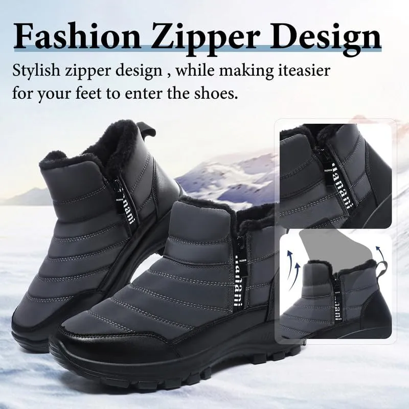 Hanani Mens Winter Snow Boots Fur Lined Warm Ankle Boots Zipper Closure Waterproof Outdoor Boots Men's Lightweight Comfortable Shoes