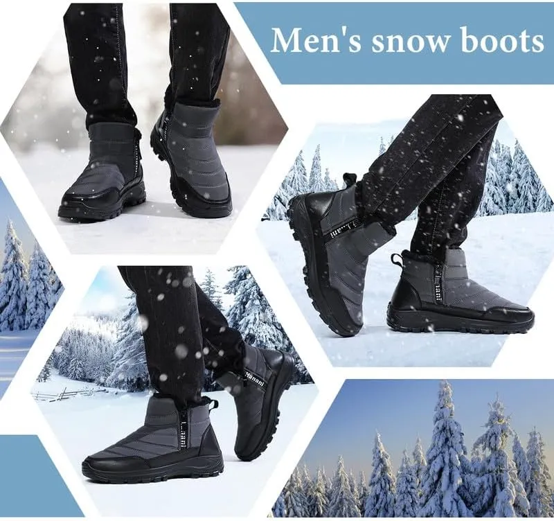 Hanani Mens Winter Snow Boots Fur Lined Warm Ankle Boots Zipper Closure Waterproof Outdoor Boots Men's Lightweight Comfortable Shoes
