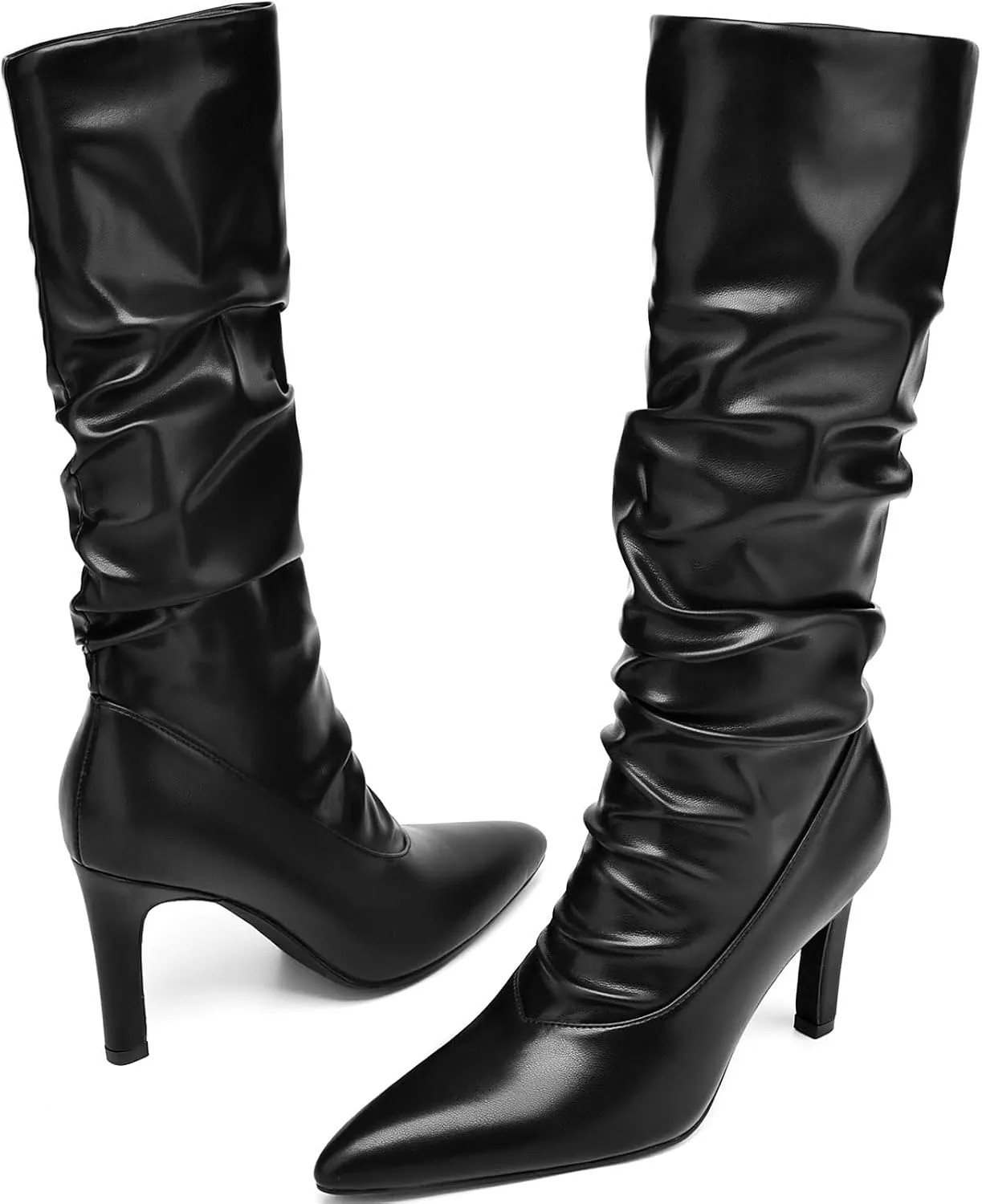 Heel Calf Boots for Women High Heel Boots Pointed Toe Mid Calf Stiletto Slouch Boots Sexy Pointy Boots with Heel