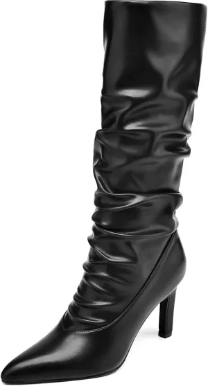 Heel Calf Boots for Women High Heel Boots Pointed Toe Mid Calf Stiletto Slouch Boots Sexy Pointy Boots with Heel