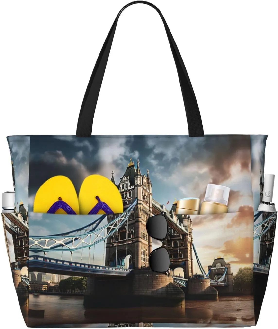 Historic Old Tower Bridge London Print Large Capacity Beach Travel Bag For Family, Beach Tote Bag For Women With Zipper Pockets