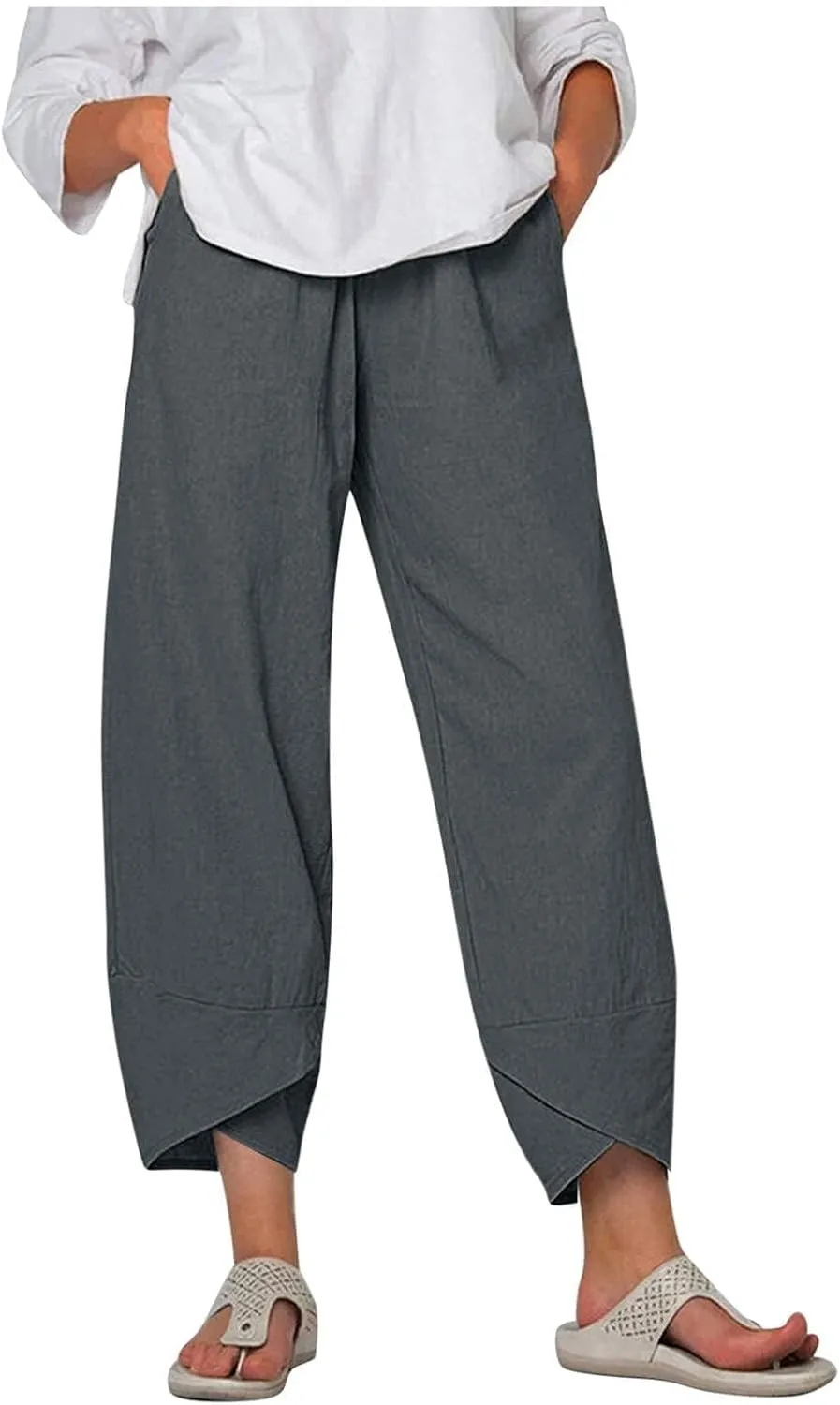 HOTYD Womens Cotton Linen Capri Pants Drawstring Elastic Waist Loose Fit Yoga Pants Baggy Cropped Trousers with Pockets