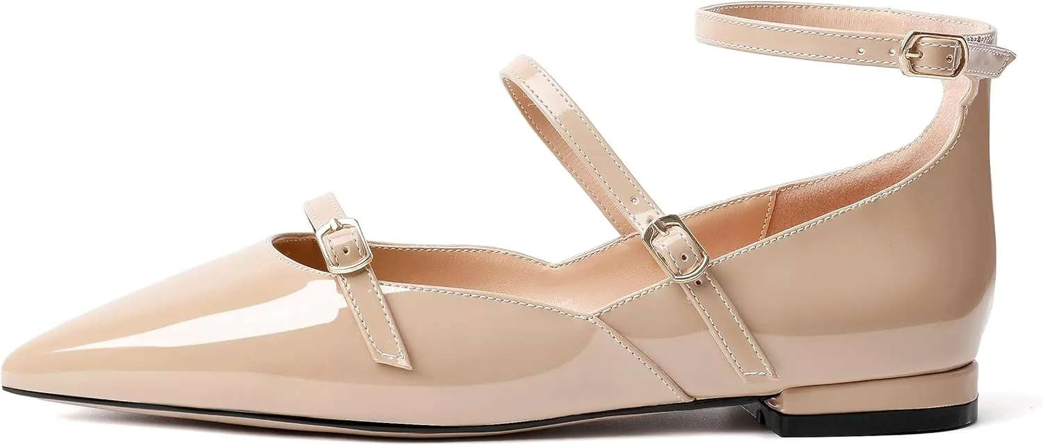 Joseywade Women's Ballet Flat Shoes Ankle Strap Mary Jane Flats Pointed Toe Ballerina Walking Flats Cute Casual Low Comfort Soft Dress Shoes