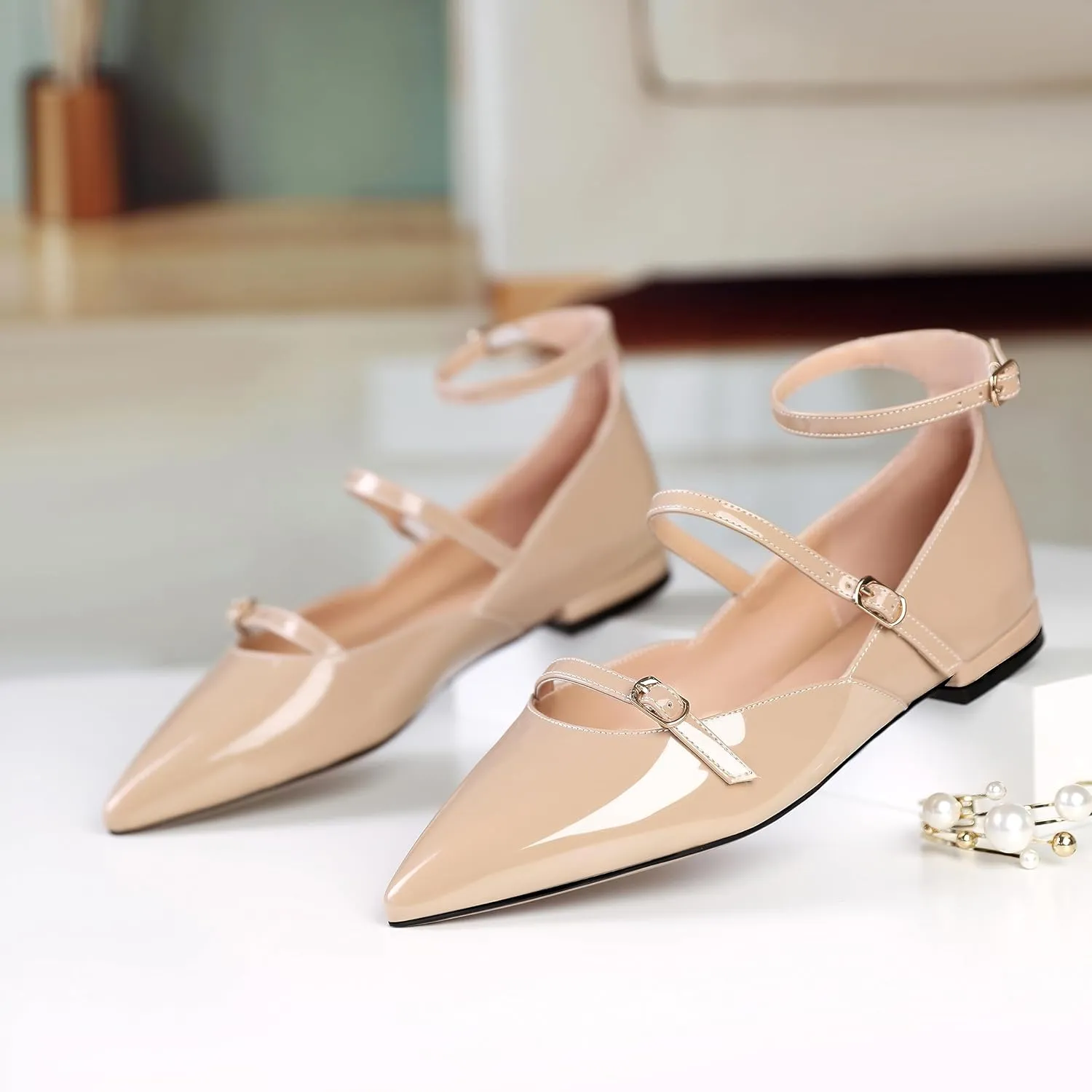 Joseywade Women's Ballet Flat Shoes Ankle Strap Mary Jane Flats Pointed Toe Ballerina Walking Flats Cute Casual Low Comfort Soft Dress Shoes