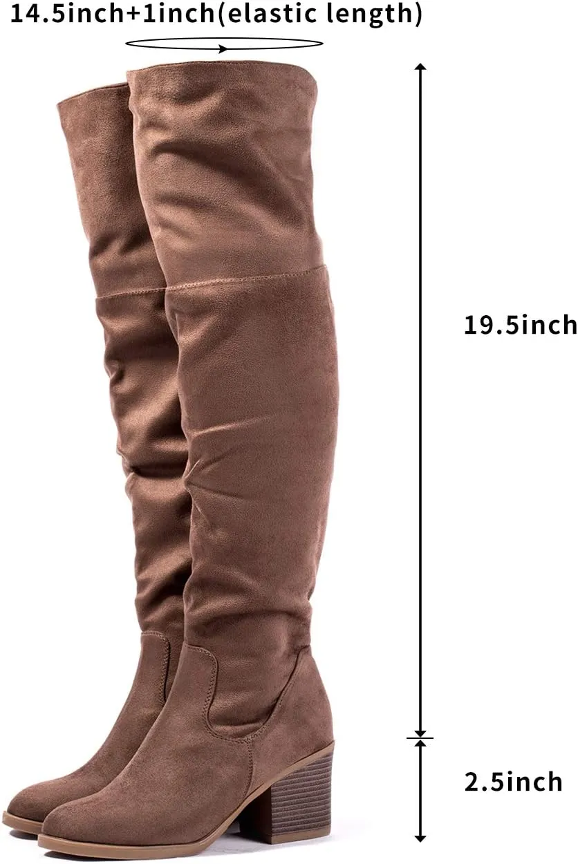 Katliu Women's Knee High Suede Chunky Heel Dressy Over the Knee Side Zipper Winter Long Boots