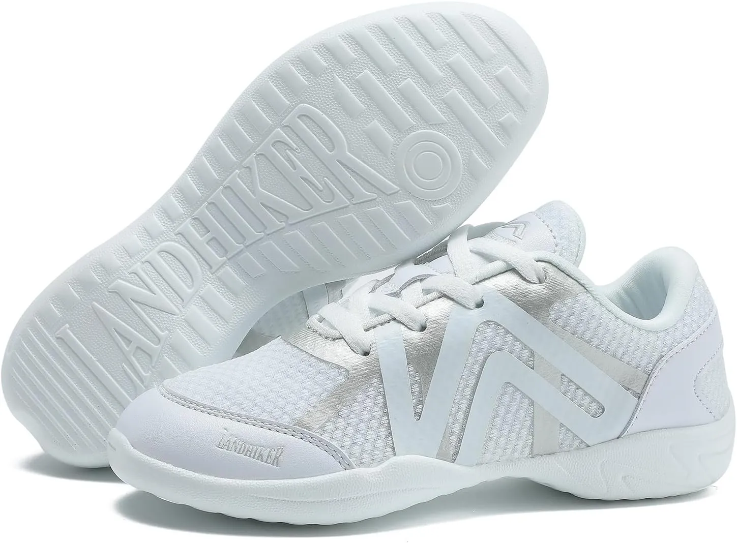 LANDHIKER White Cheer Shoes for Girls Womens Cheerleading Shoes Youth Training Athletic Flats Lightweight Breathable Comfortable Fabric Kids Cheer Sneakers Size