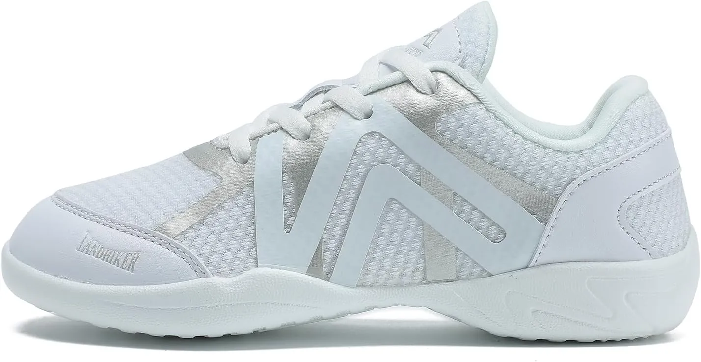 LANDHIKER White Cheer Shoes for Girls Womens Cheerleading Shoes Youth Training Athletic Flats Lightweight Breathable Comfortable Fabric Kids Cheer Sneakers Size