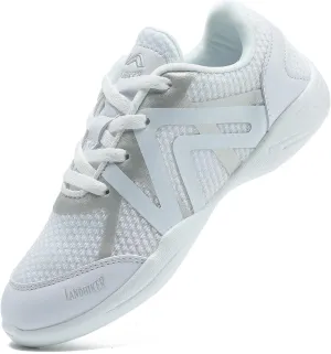 LANDHIKER White Cheer Shoes for Girls Womens Cheerleading Shoes Youth Training Athletic Flats Lightweight Breathable Comfortable Fabric Kids Cheer Sneakers Size