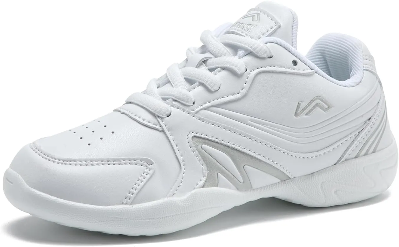LANDHIKER White Cheer Shoes for Girls Womens Cheerleading Shoes Youth Training Athletic Flats Lightweight Breathable Comfortable Fabric Kids Cheer Sneakers Size
