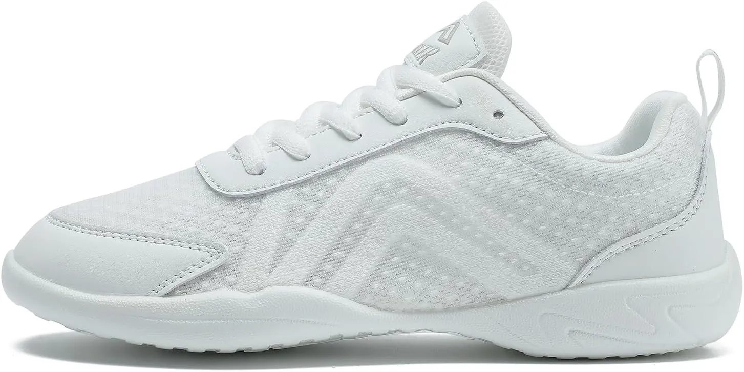 LANDHIKER Womens White Girls Cheer Shoes Cheerleading Shoes Youth Sports Training Athletic Flats Lightweight Breathable Comfortable Fabric Kids Cheer Sneakers Size