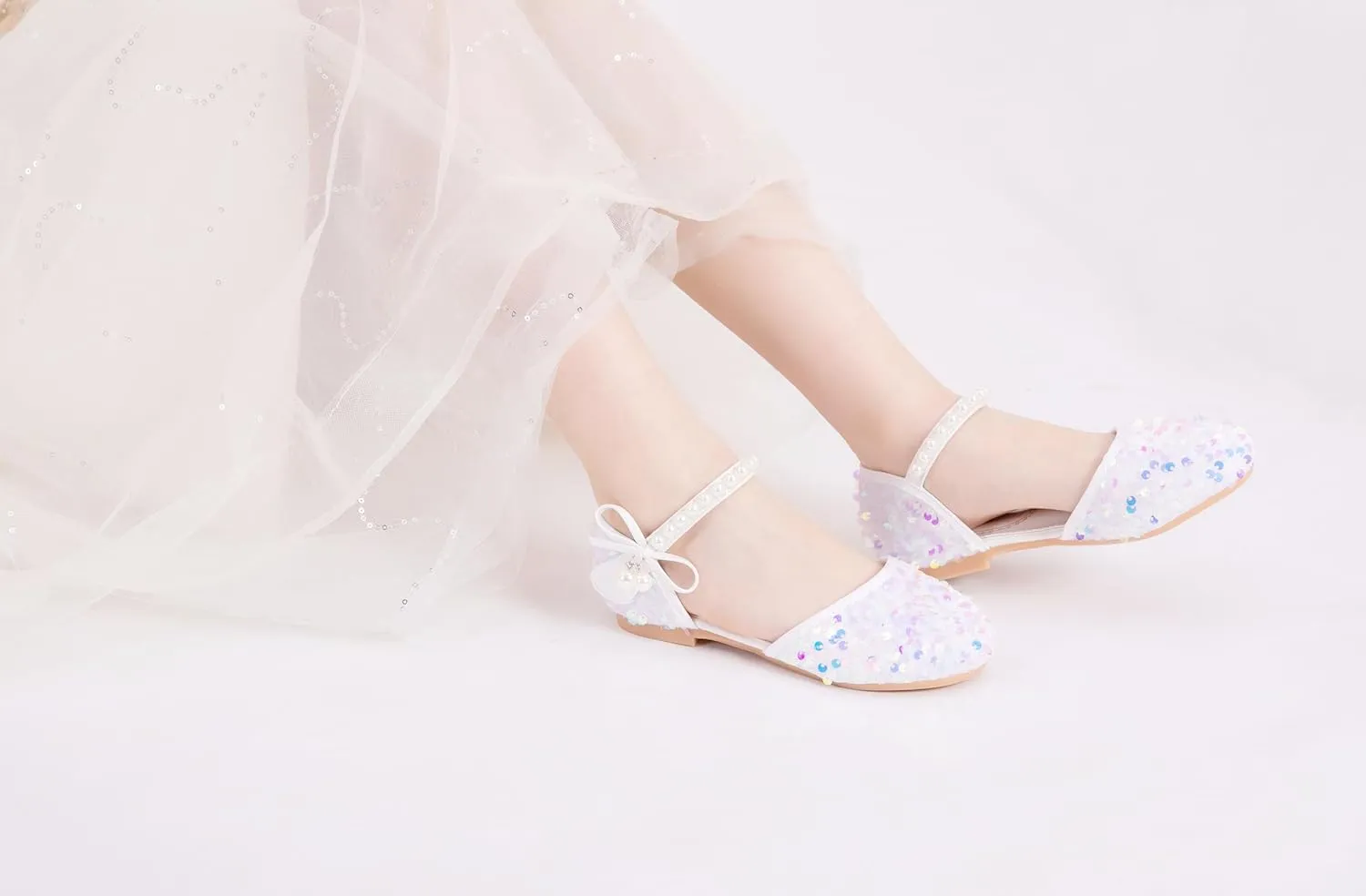 Little Girls Adorable Sparkle Ballerina Ballet Flats Pearl Strap Princess Dance Shoe Toddler Sequin Party Dress Up Mary Jane Shoes