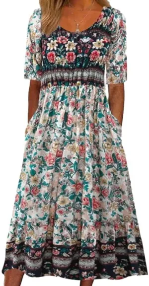 LOAIHA Women's Bohemian Floral Printed Maxi Dress Colorful Summer Casual Loose Flowy Dresses with Pockets