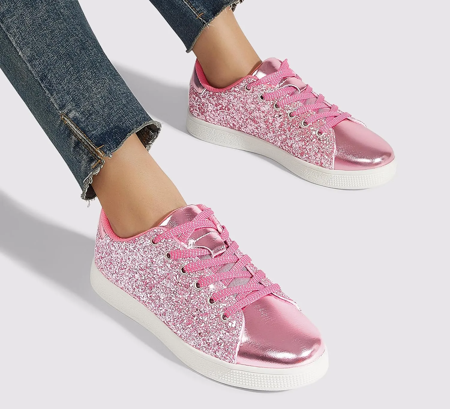 LUCKY STEP Glitter Sneakers Lace up | Fashion Sneakers | Sparkly Shoes for Women