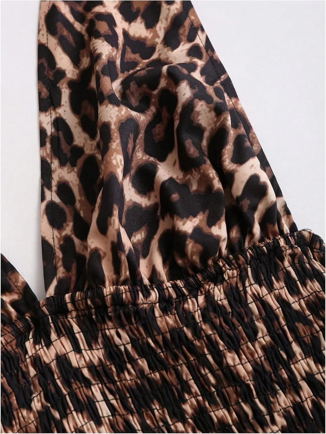 MakeMeChic Women's Leopard Print Halter Dress Tie Backless Tiered Ruffle Shirred Y2k Mini Dresses