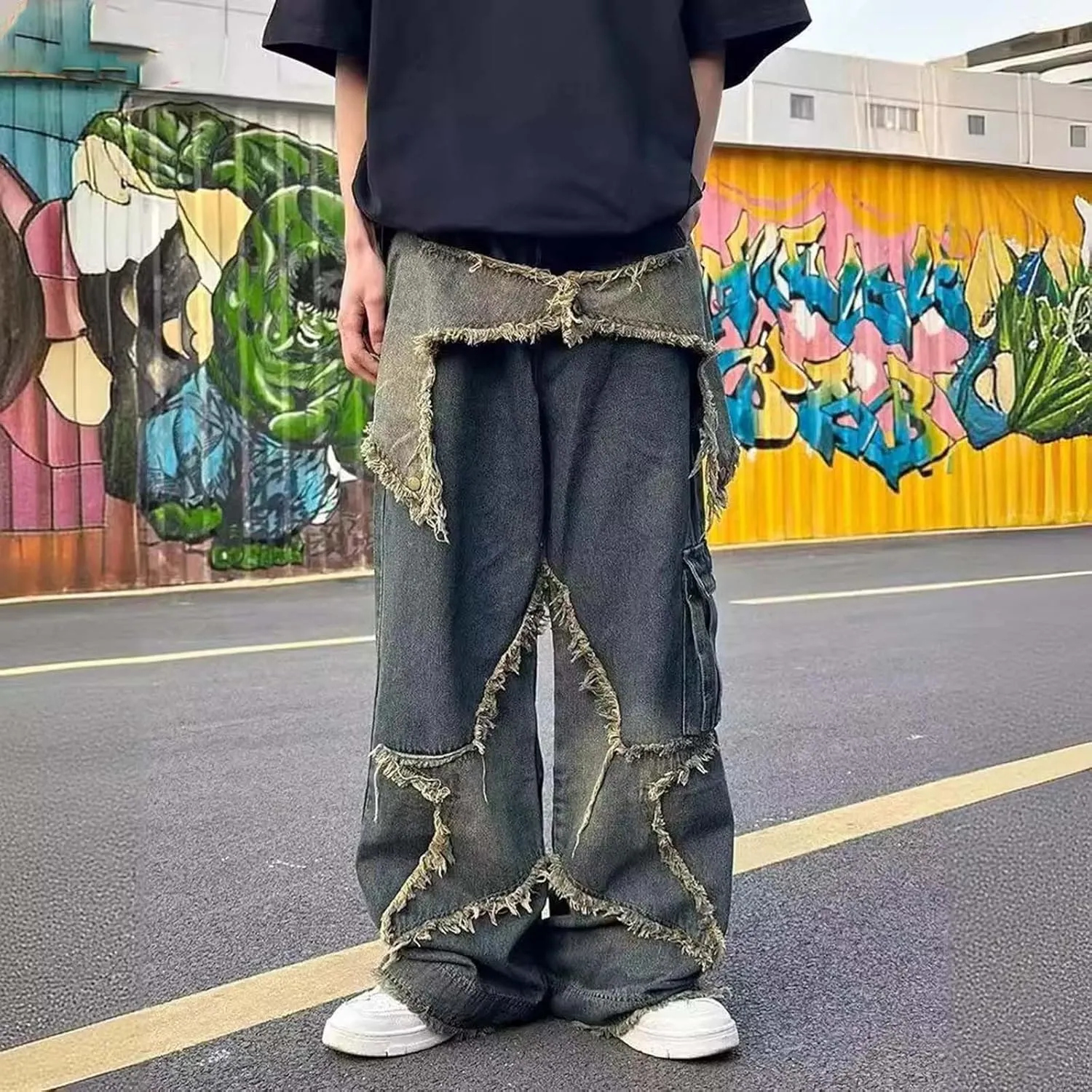 Mens Baggy Jeans for Men Y2k Skater Vintage Denim Pants Casual Wide Leg Jeans Loose Fit Denim Streetwear Hip Hop Jean