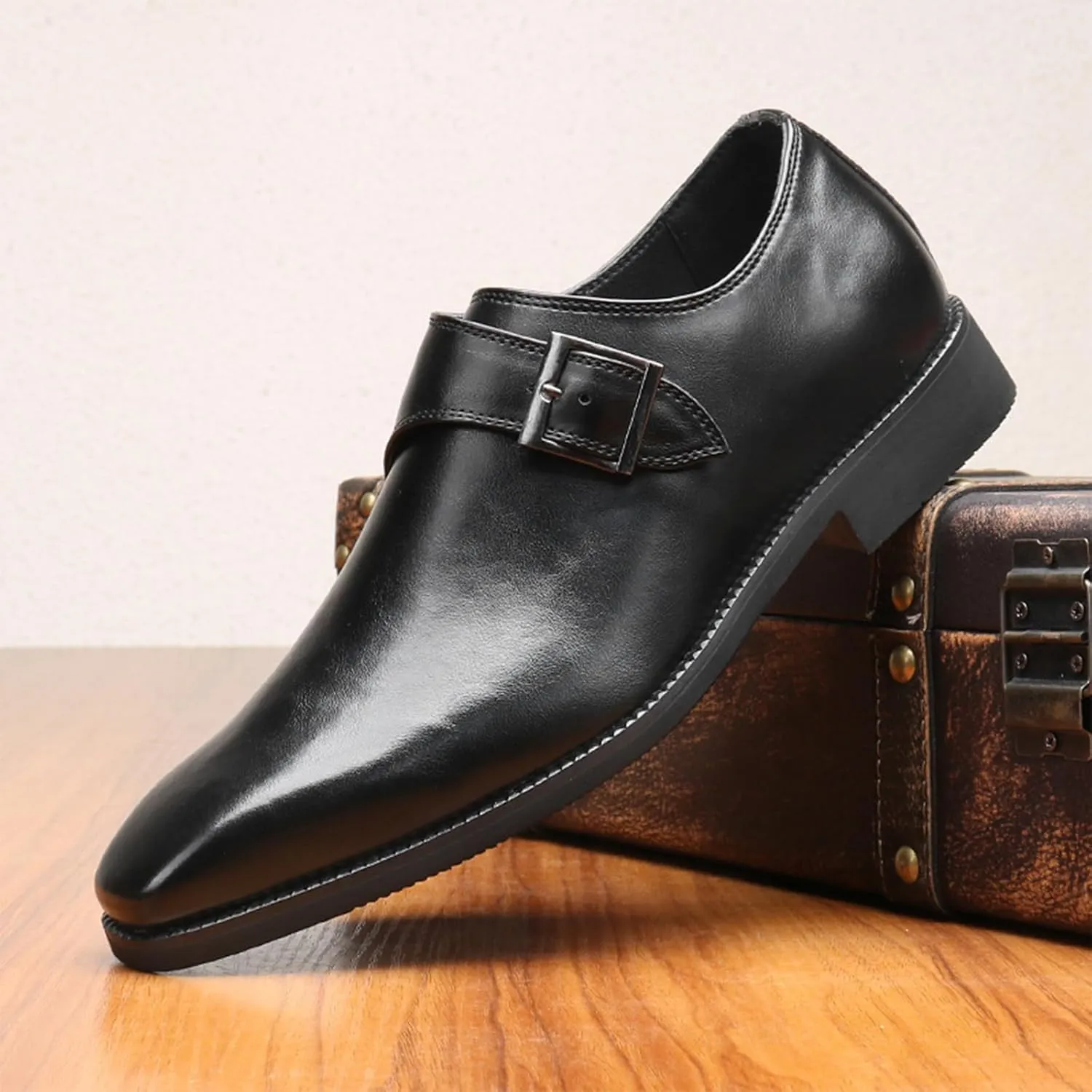 Mens Retro Comfort Slip On Monk Buckle Loafers Pointed-Toe Low Heel Polishing Leather Formal Tuxedo Shoes Fashion Business Dress Oxford Shoes
