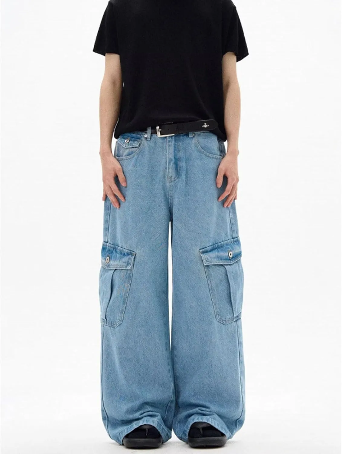 Men's Wide Leg Cargo Jeans Straight Loose Baggy Denim Pants Y2K Teen Boys High Rise Long Jean Trousers