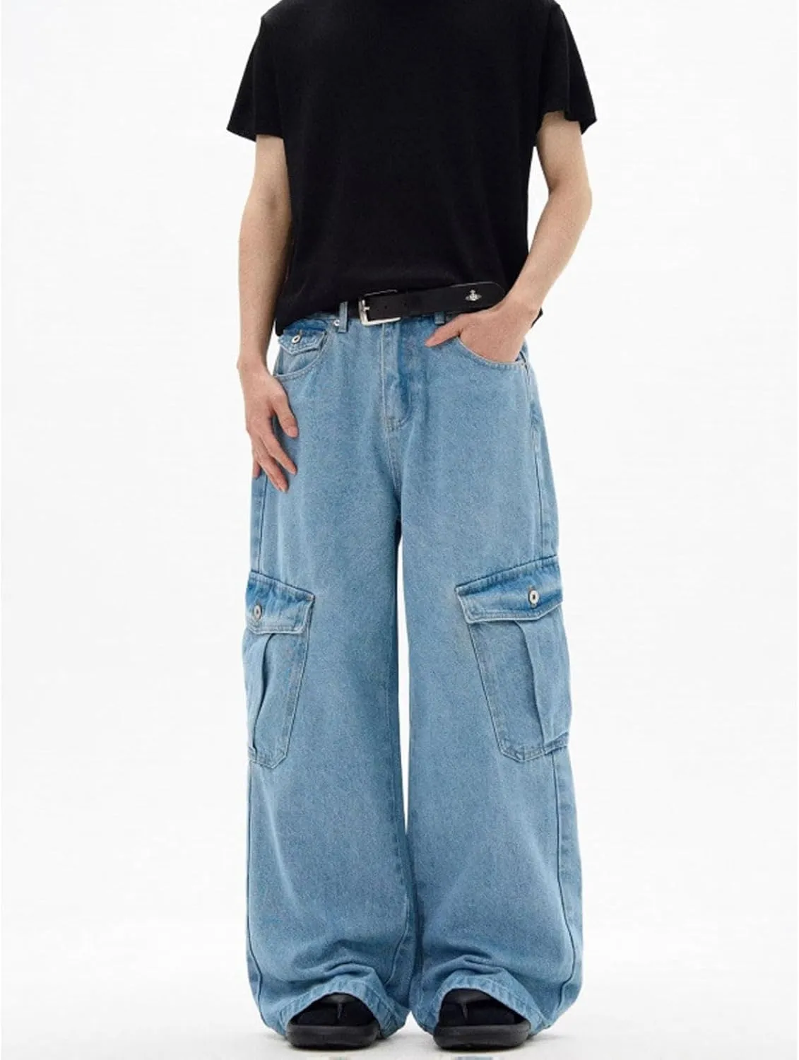 Men's Wide Leg Cargo Jeans Straight Loose Baggy Denim Pants Y2K Teen Boys High Rise Long Jean Trousers