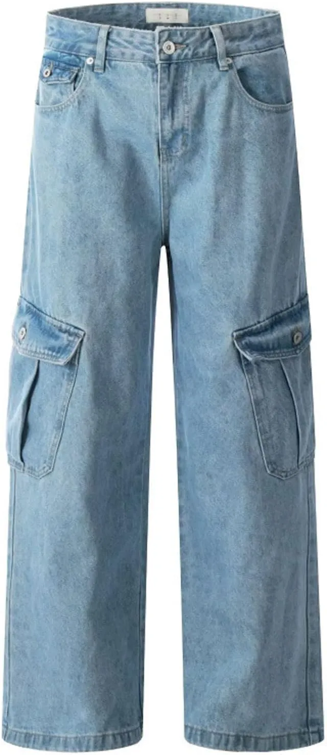 Men's Wide Leg Cargo Jeans Straight Loose Baggy Denim Pants Y2K Teen Boys High Rise Long Jean Trousers