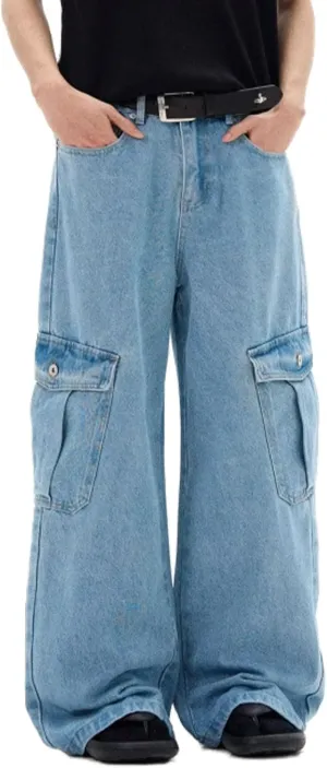 Men's Wide Leg Cargo Jeans Straight Loose Baggy Denim Pants Y2K Teen Boys High Rise Long Jean Trousers