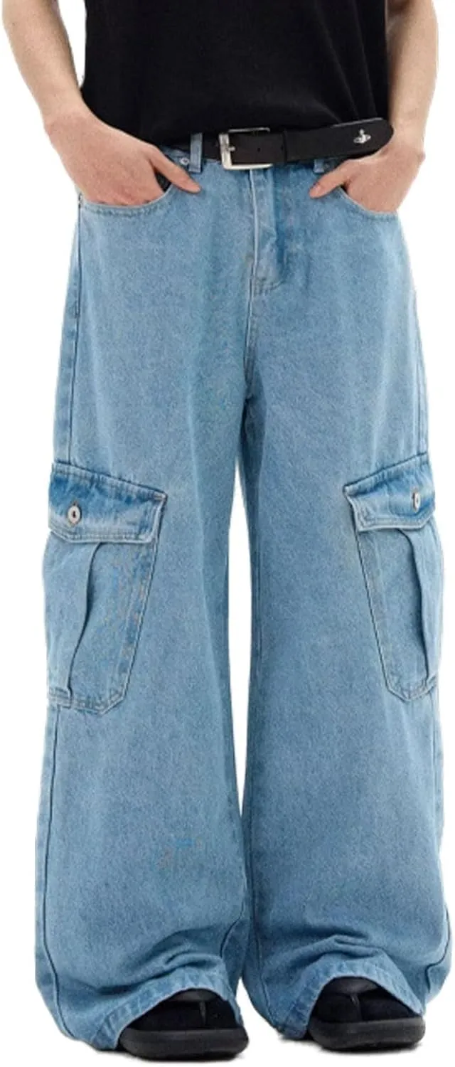 Men's Wide Leg Cargo Jeans Straight Loose Baggy Denim Pants Y2K Teen Boys High Rise Long Jean Trousers