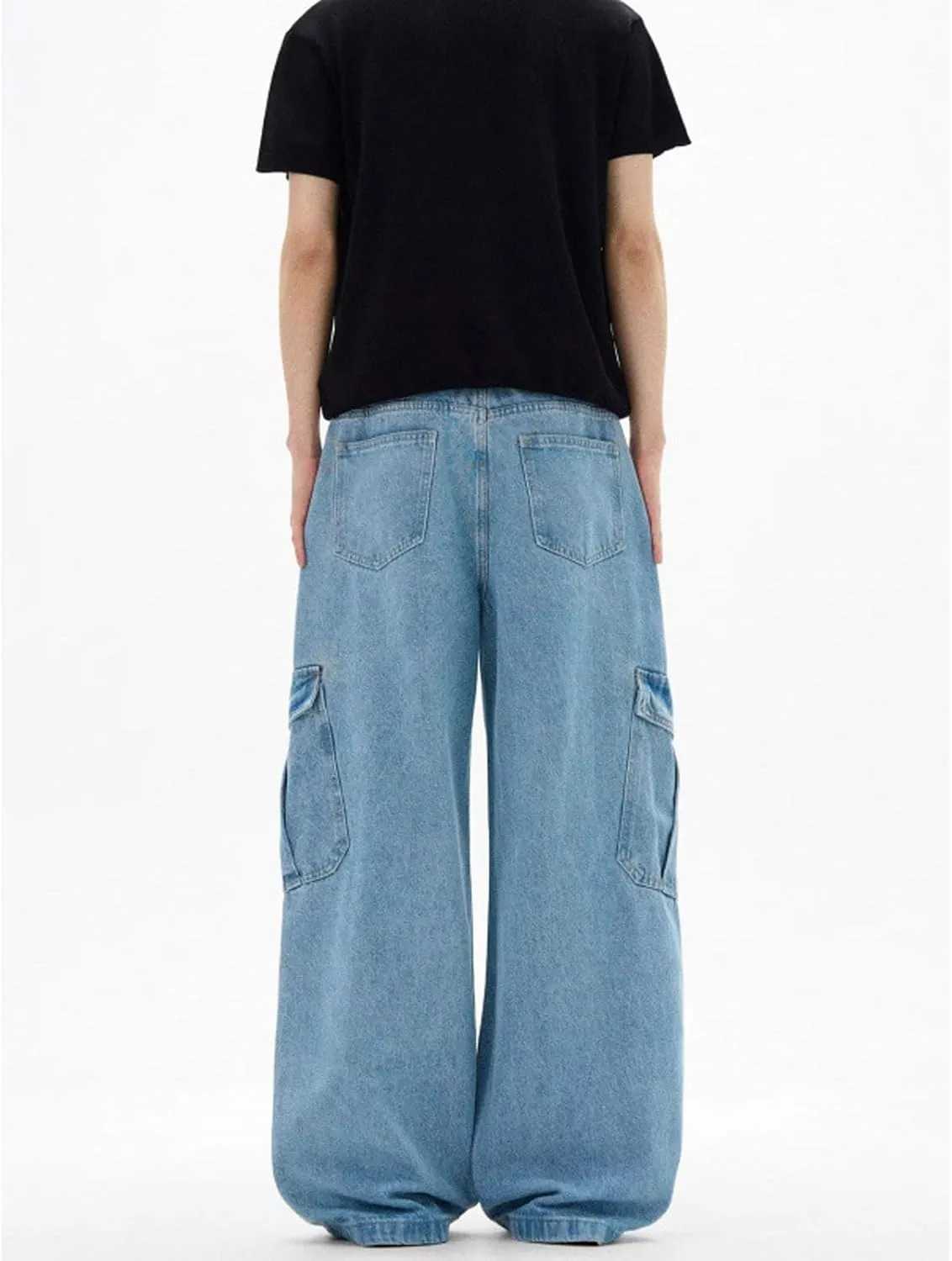 Men's Wide Leg Cargo Jeans Straight Loose Baggy Denim Pants Y2K Teen Boys High Rise Long Jean Trousers