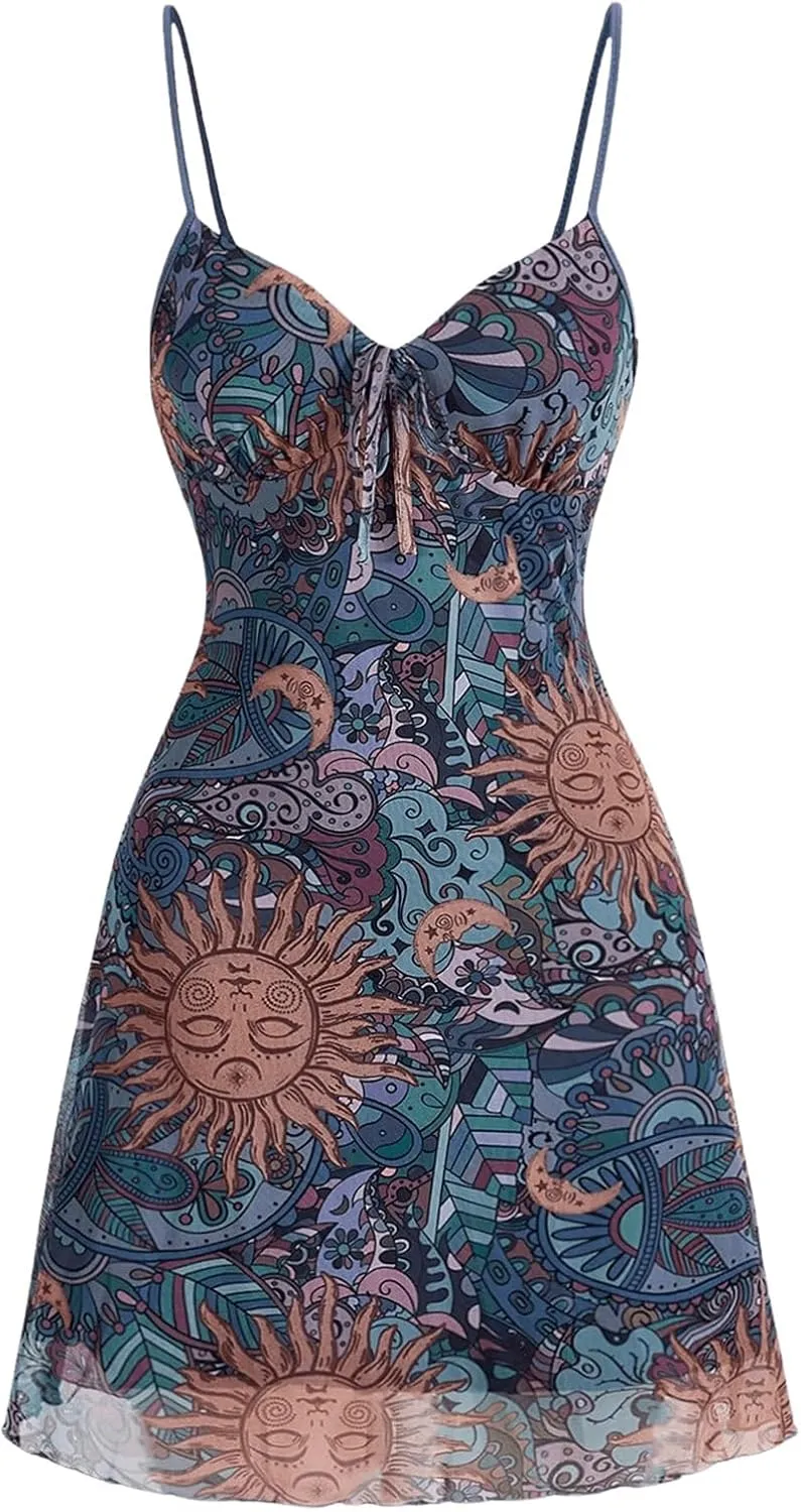 Milumia Women's Paisley Print Cami Short Dress Boho Mesh Mini Sun Dresses