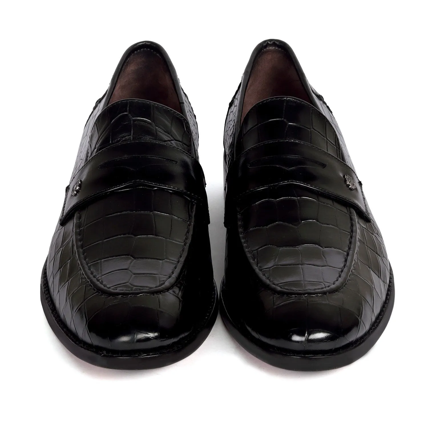 Mod Look Penny Loafers with Triangular Cut-Strap in Black High Quality Croco Textured Leather