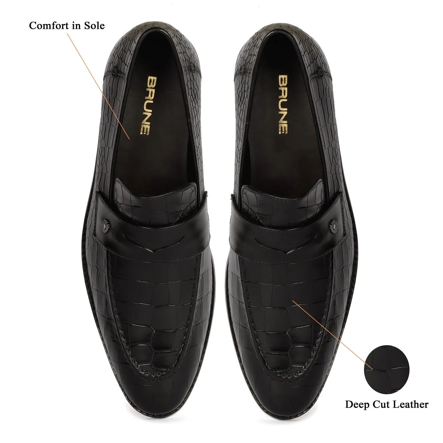 Mod Look Penny Loafers with Triangular Cut-Strap in Black High Quality Croco Textured Leather