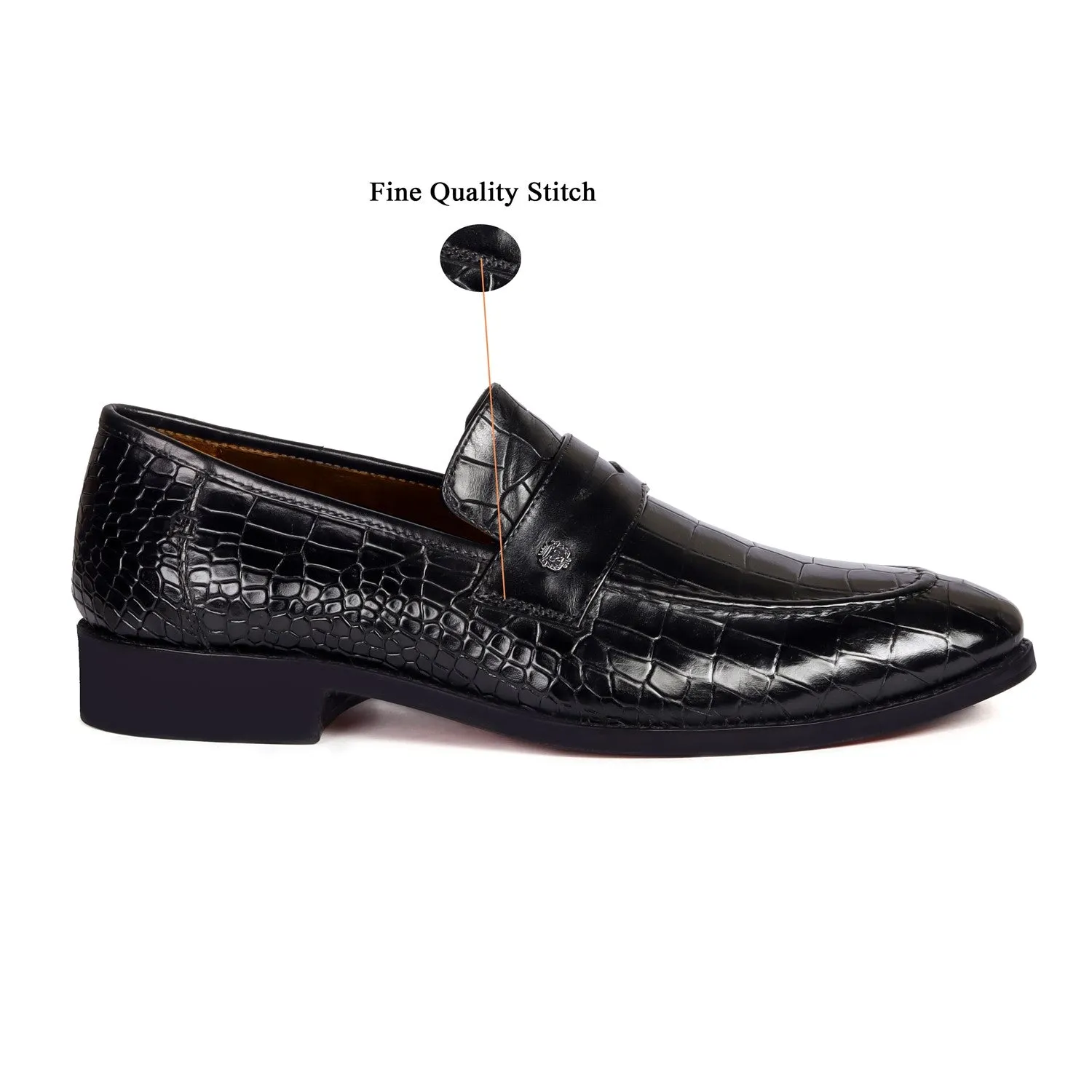 Mod Look Penny Loafers with Triangular Cut-Strap in Black High Quality Croco Textured Leather