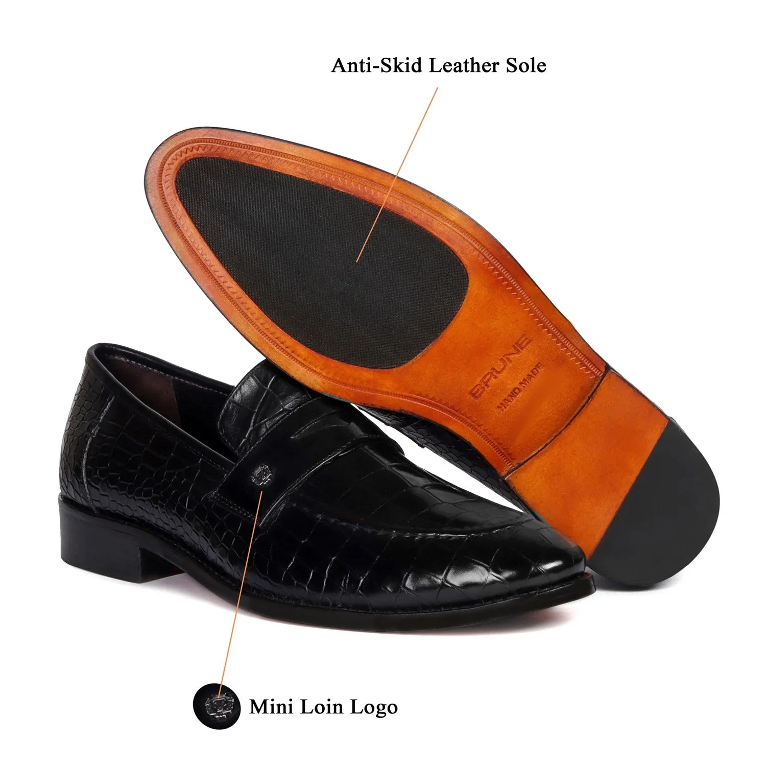 Mod Look Penny Loafers with Triangular Cut-Strap in Black High Quality Croco Textured Leather