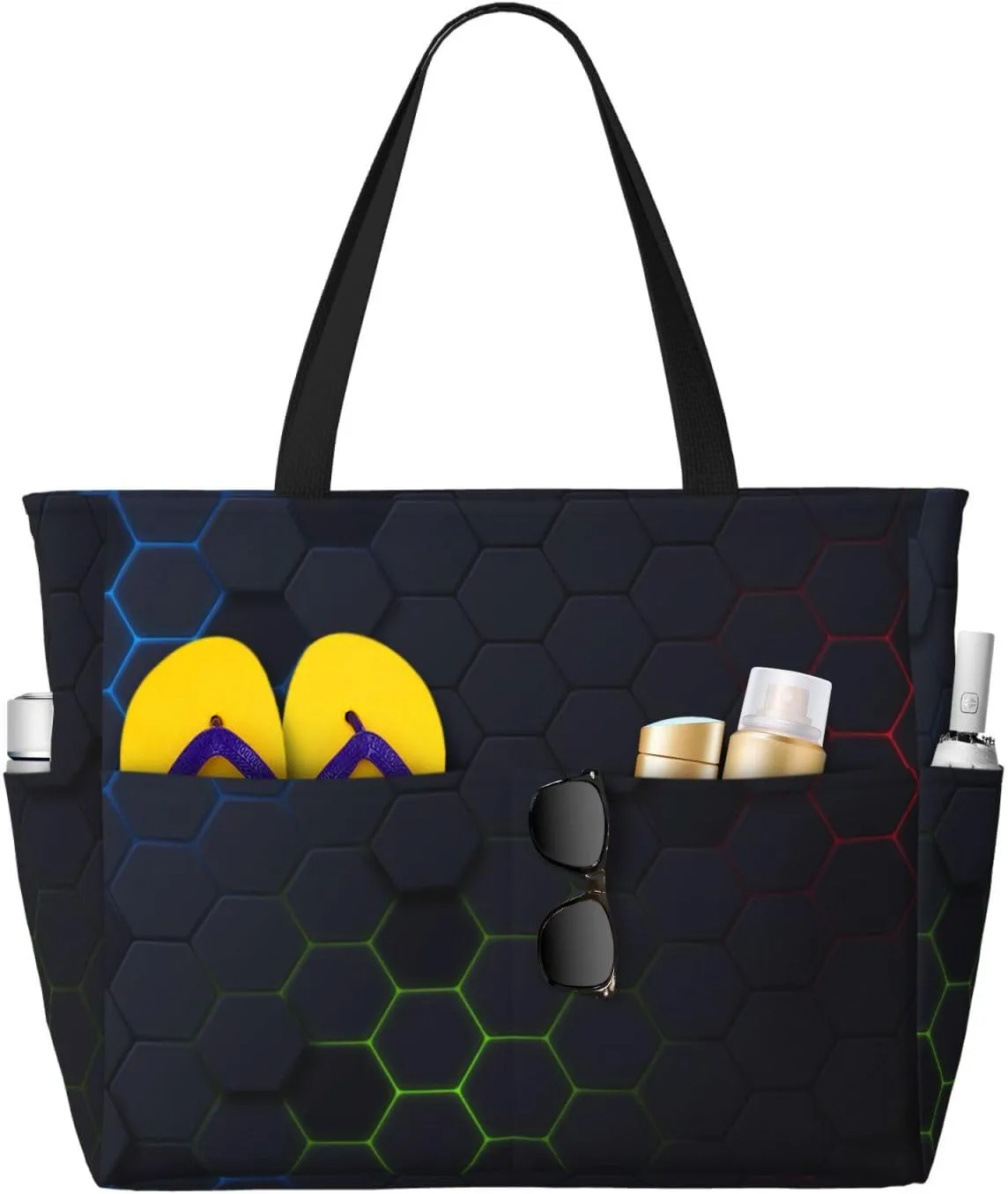 Modern Hexagonal Neon Grid Print Beach Pool Bags Tote For Women Ladies Large Gym Tote Carry On Bag For Weekender Travel Waterproof