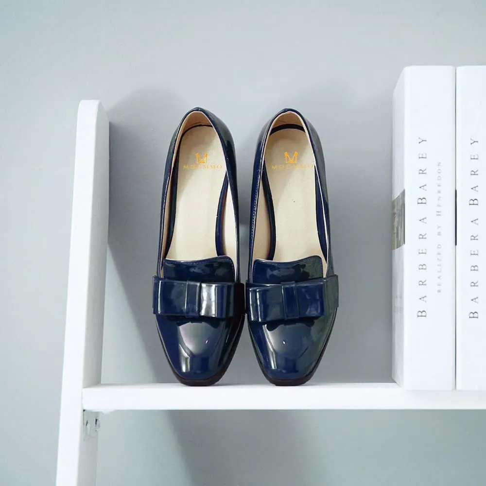 MOOMMO Women Chunky Heel Pumps Bowknot Patent Leather Loafers Round Closed Toe Sandals 3.5 Inch High Block Heel Slip On Summer Casual Office Dress Shoes Size 4-11 M US