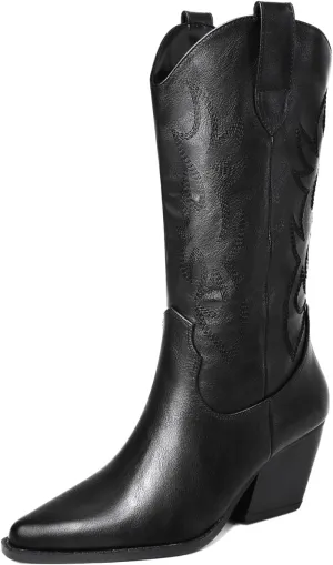 Mostrin Cowgirl Cowboy Boots Square Toe Mid-Calf Boot Chunky Block Heeled Pull On Western Boot
