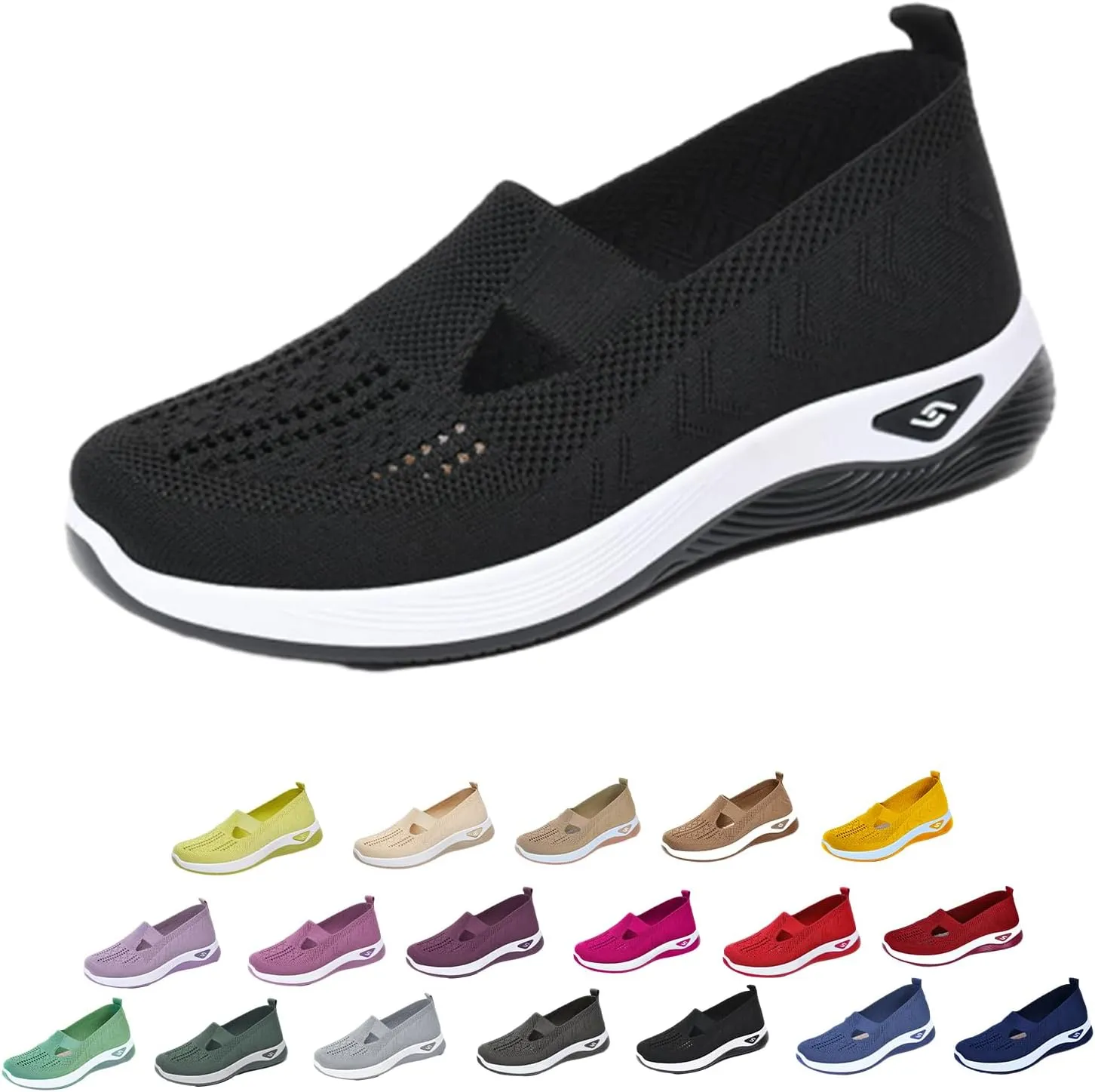 Orthowalkway Womens Shoes, Comfort Wear Orthopedic Walking Shoes for Women, Mesh Breathable Slip-On Knitted Lightweight Flat Sneakers