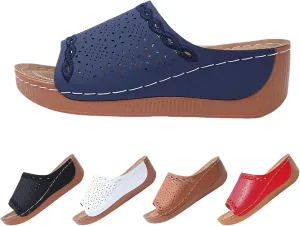 Platform Sandals Women Summer Orthopedic Arch Support Flat Slip on Wide Width Leather Wedge Sandals Damping Sole Upgradation Stretch Lightweight Heels Sandals Diabetic Walking Shoes