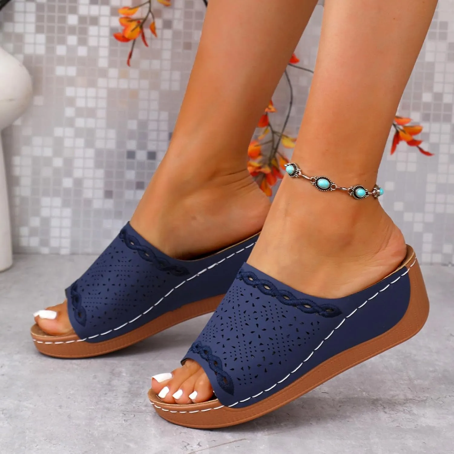 Platform Sandals Women Summer Orthopedic Arch Support Flat Slip on Wide Width Leather Wedge Sandals Damping Sole Upgradation Stretch Lightweight Heels Sandals Diabetic Walking Shoes